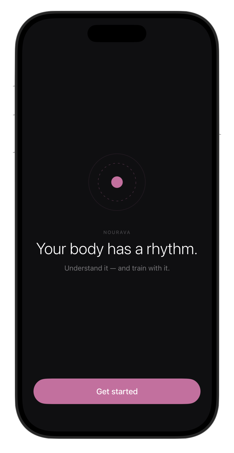 Nourava welcome screen with the message Your body has a rhythm